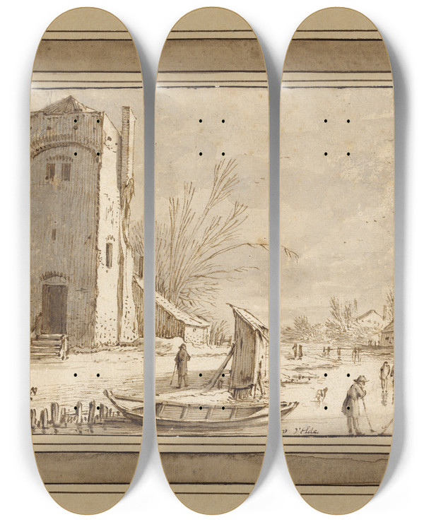 Triptych art skateboard deck of Esaias Van De Velde Winter Landscape With Tower by Esaias van de Velde (1587-1630)