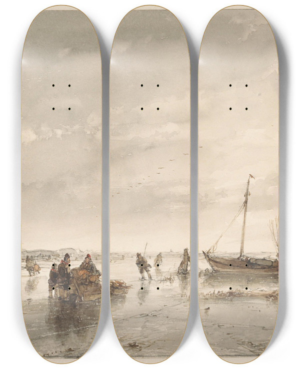 Triptych art skateboard deck of Andreas Schelfhout Winterlandschap Met Bevroren Meer by Andreas Schelfhout (1787-1870)