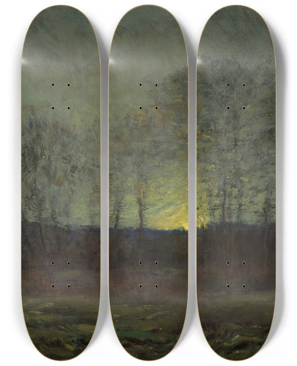 Triptych art skateboard deck of Dwight William Tryon Moonrise by Dwight William Tryon (1849-1925)