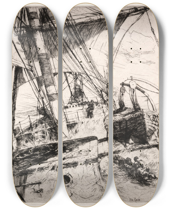 Triptych art skateboard deck of Arthur John Trevor Briscoe The Gale by Arthur John Trevor Briscoe (1873-1943)