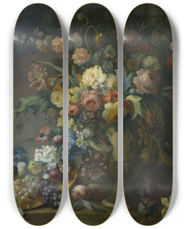 Triptych art skateboard deck of Max Carlier Still Life With Flowers And Fruit by Max Carlier (1872-1938)