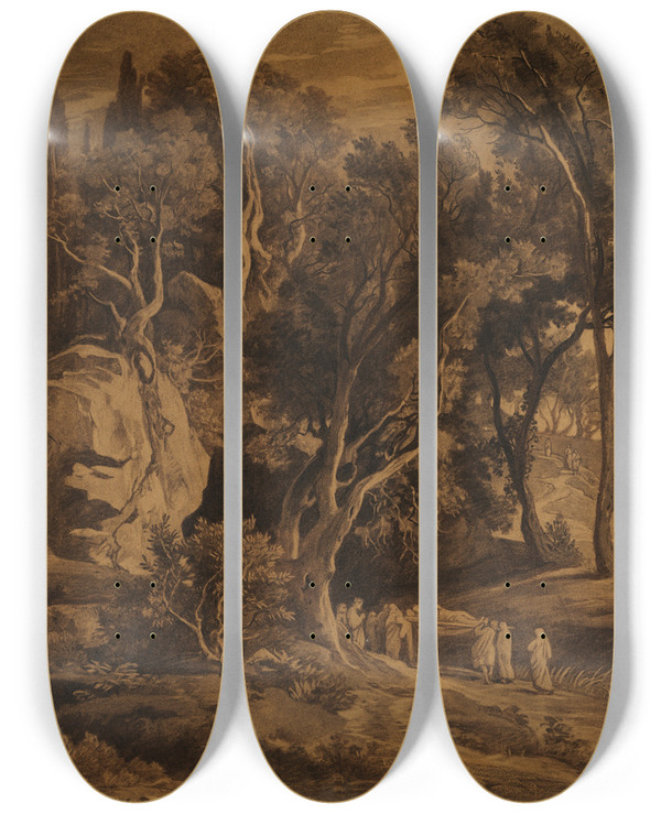 Triptych art skateboard deck of Johann Wilhelm Schirmer Abrahams Begrbnis In Der Hhle Im Hain Mamre 1 Mose 25 9 by Johann Wilhelm Schirmer (1807-1863)