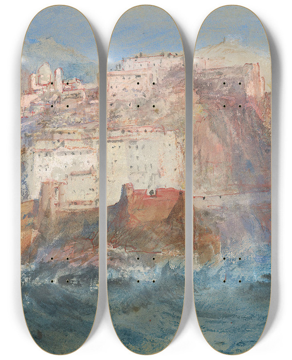 Triptych art skateboard deck of Joseph Mallord William Turner Genoa From The Sea Looking Up To The Church Of Santa Maria Assunta In Carignano by Joseph Mallord William Turner (1775-1851)