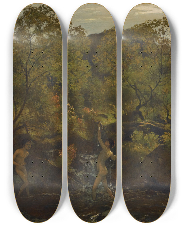 Triptych art skateboard deck of Hans Thoma Badende Jnglinge Bathing Boys by Hans Thoma (1839-1924)