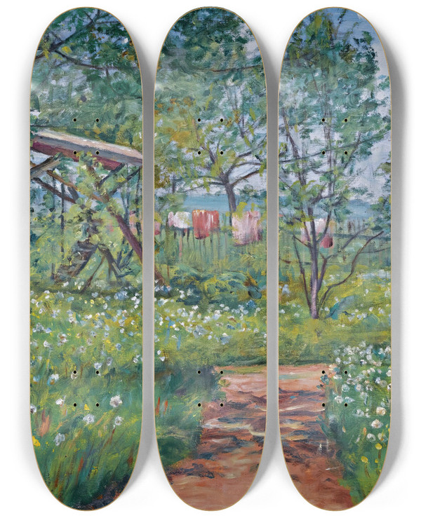 Triptych art skateboard deck of Frantiek Kavn Garden In Libu by Frantisek Kavan (1866-1841)