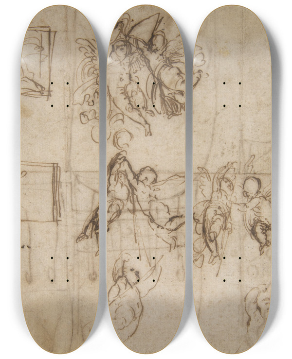 Triptych art skateboard deck of Guido Reni Studies Of Flying Putti by Guido Reni (1575-1642)