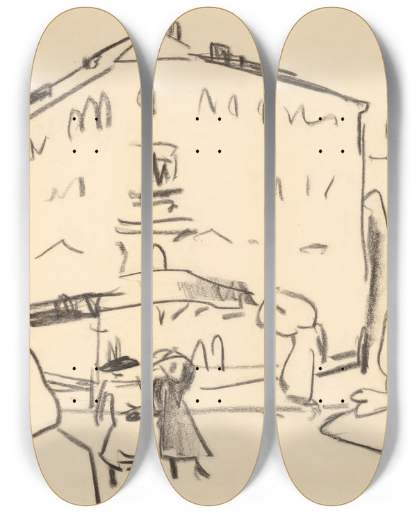Triptych art skateboard deck of Ernst Ludwig Kirchner Houses In Dresden With People Strolling by Ernst Ludwig Kirchner (1880-1938)