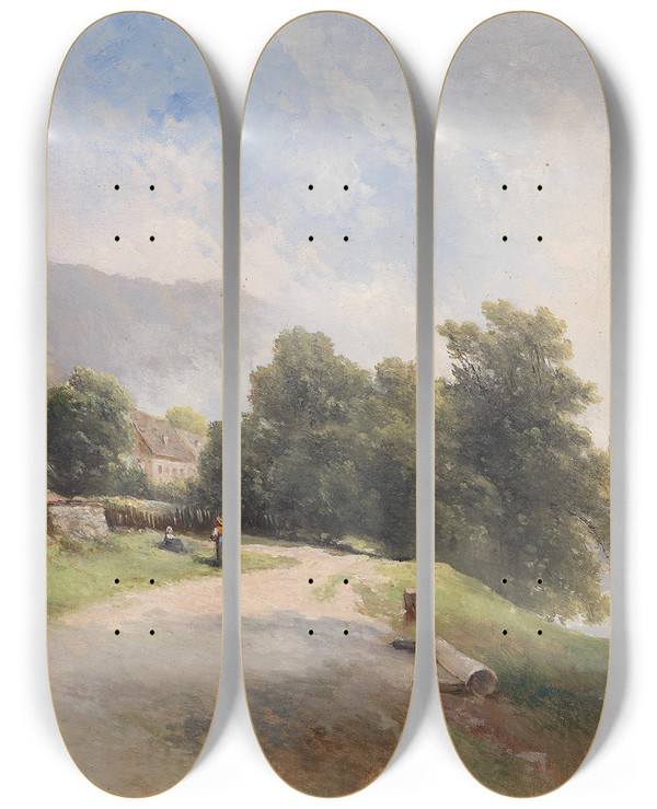 Triptych art skateboard deck of Carl Franz Emanuel Haunold Holzgarten Vorstadt In Passau by Carl Franz Emanuel Haunold (1832-1911)