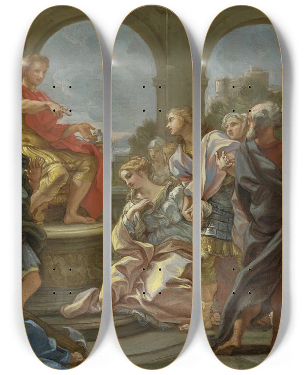 Triptych art skateboard deck of Giovanni Battista Gaulli The Continence Of Scipio by Giovanni Battista Gaulli (1639-1709)
