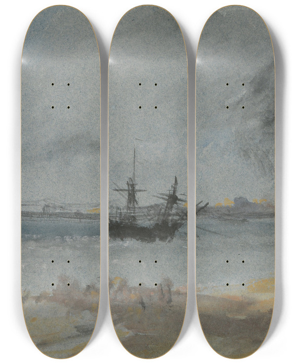 Triptych art skateboard deck of Joseph Mallord William Turner Ship Aground Brighton by Joseph Mallord William Turner (1775-1851)