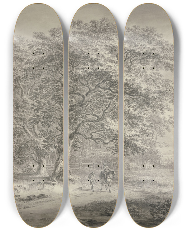 Triptych art skateboard deck of Jan Evert Grave Waldesrand Mit Einem Zaun Eingefasst Unter Zwei Groen Bumen Ein Reiter Und Ein Fugnger by Jan Evert Grave (1759-1805)
