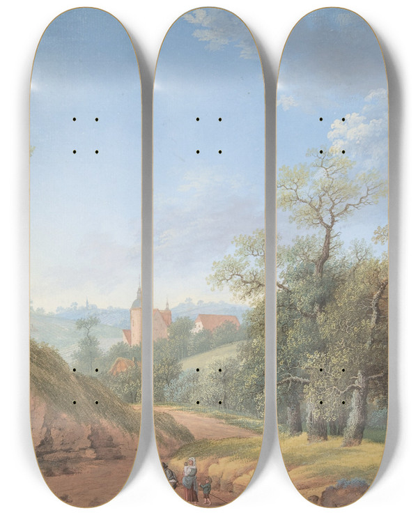 Triptych art skateboard deck of Johann Friedrich Nagel Peasant Family In A Landscape by Johann Friedrich Nagel (1765-1825)