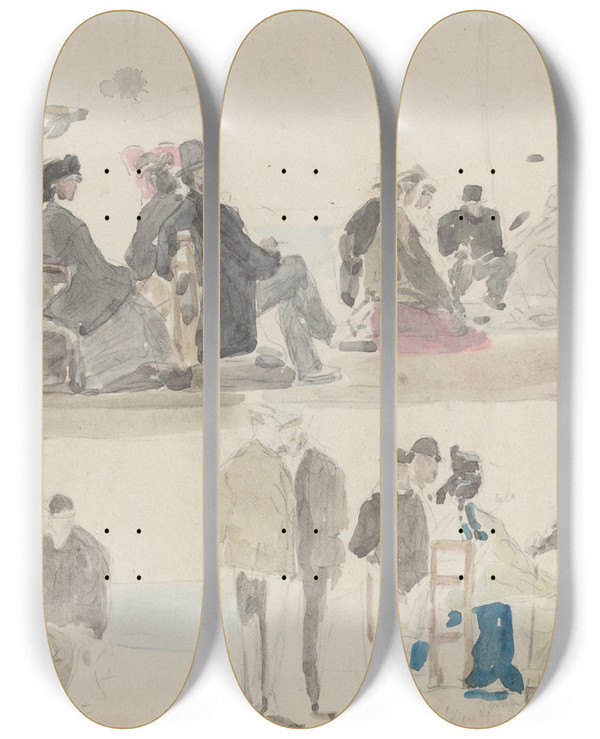 Triptych art skateboard deck of Eugne Boudin Ladies And Gentlemen On The Beach In Two Registers by Eugene Boudin (1824-1898)