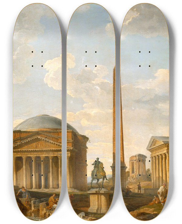 Triptych art skateboard deck of Giovanni Paolo Panini Roman Capriccio The Pantheon And Other Monuments by Giovanni Paolo Panini (1691-1765)