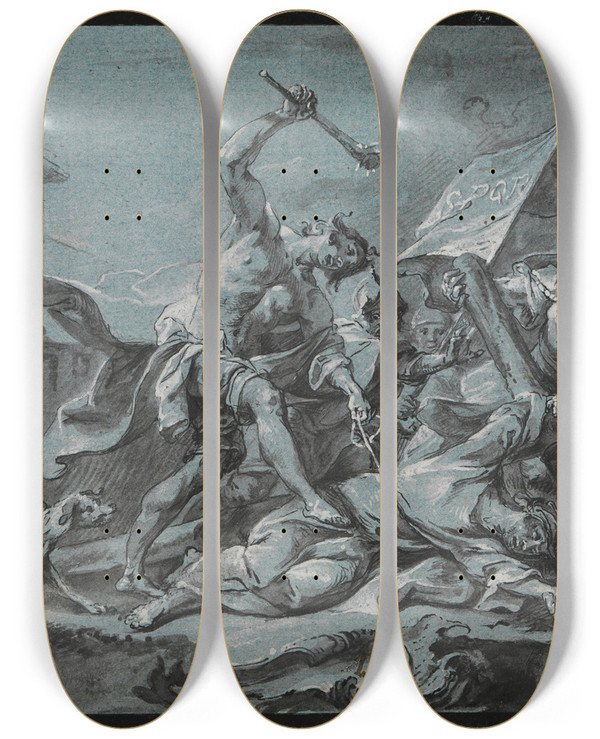 Triptych art skateboard deck of Johann Wolfgang Baumgartner Christus Unter Dem Kreuz Gefallen Wird Von Einem Kriegsknecht Geschlagen by Johann Wolfgang Baumgartner (1712-1761)