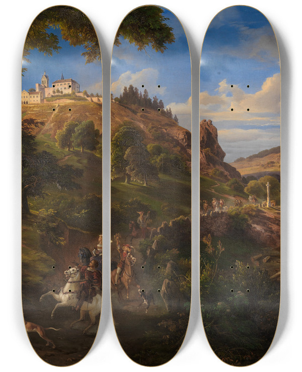 Triptych art skateboard deck of Daniel Fohr Schlo Eberstein Bei Gernsbach Mit Mittelalterlichem Jagdzug by Daniel Fohr (1801-1862)
