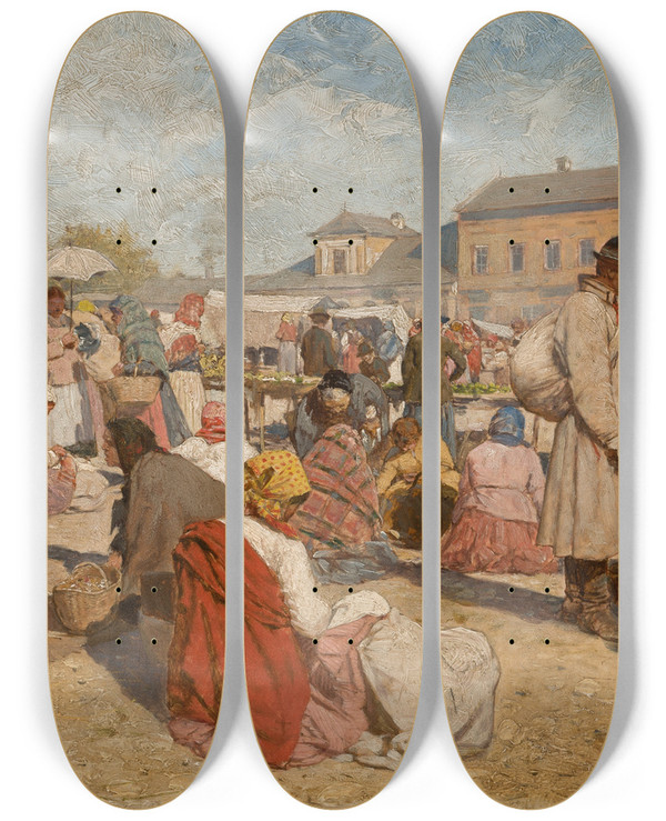 Triptych art skateboard deck of Antoni Kozakiewicz Fair At Wieliczka by Antoni Kozakiewicz (1841-1929)