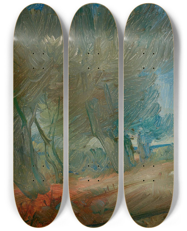 Triptych art skateboard deck of Wilhelm Busch Waldrand Mit Rotjacke by Wilhelm Busch (1832-1908)