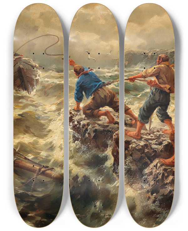 Triptych art skateboard deck of Egide Linnig Saving The Shipwrecked Sailors by Egide Linnig (1821-1860)