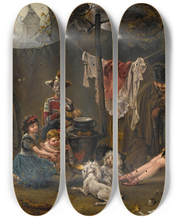 Triptych art skateboard deck of Ludwig Knaus Behind The Scenes by Ludwig Knaus (1829-1921)