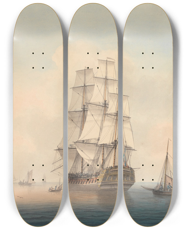 Triptych art skateboard deck of Samuel Atkins A Warship Preparing To Leave The Anchorage by Samuel Atkins (1760-1810)