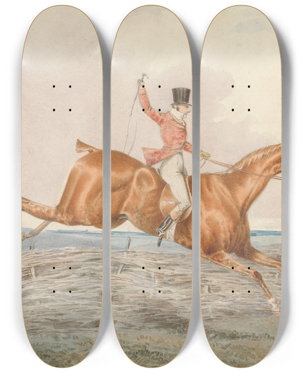 Triptych art skateboard deck of George Alken Foxhunting Rider Taking A Fence by George Alken