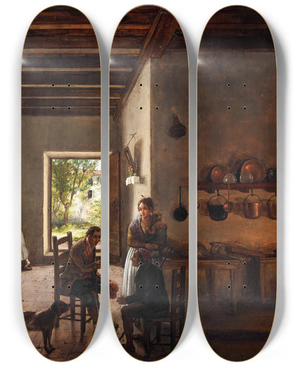 Triptych art skateboard deck of Carlo Canella Interno Di Cucina by Carlo Canella (1800-1879)