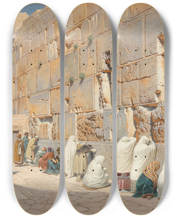 Triptych art skateboard deck of Carl Friedrich Heinrich Werner The Wailing Wall In Jerusalem by Carl Friedrich Heinrich Werner (1808-1894)