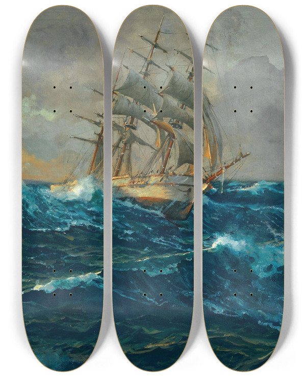 Triptych art skateboard deck of Michael Zeno Diemer Dreimaster Auf Hoher See by Michael Zeno Diemer (1867-1939)