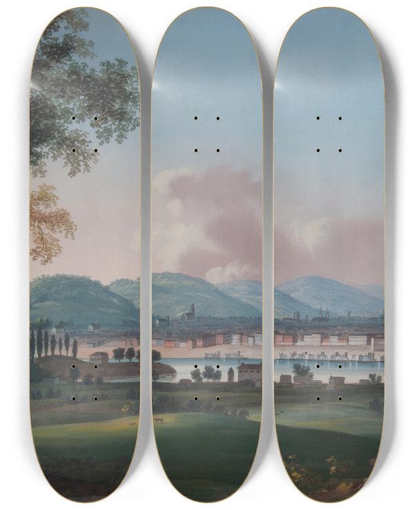 Triptych art skateboard deck of John Caspar Wild Cincinnati From Behind Newport Barracks by John Caspar Wild (1804-1846)