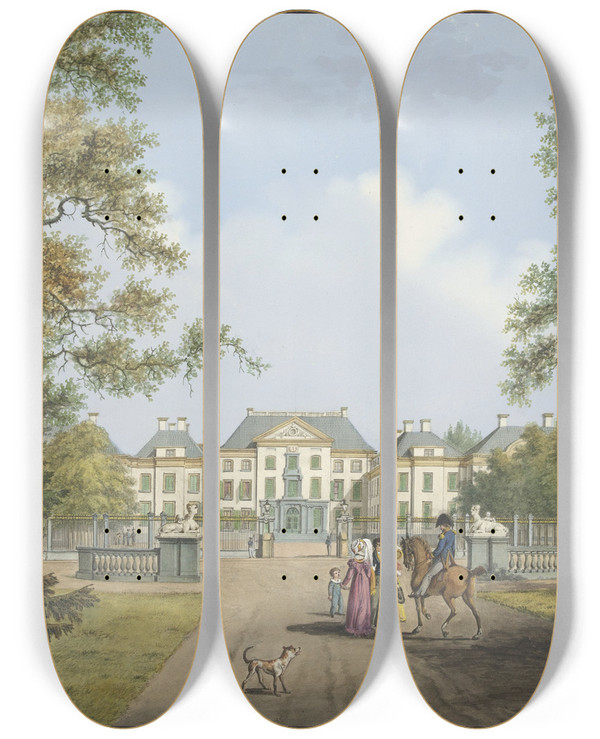 Triptych art skateboard deck of Cornelis De Kruyff Gezicht Op Paleis Het Loo by Cornelis de Kruyff (1771-1854)