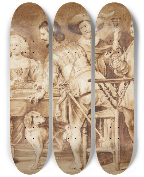 Triptych art skateboard deck of Palamedes Palamedesz Selskab Omkring Et Bord by Palamedes Palamedesz (1607-1638)