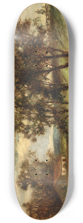 Edward Mitchell Bannister - Untitled (man with cows grazing near pond with house and trees in background) 8.25 inch art skate deck