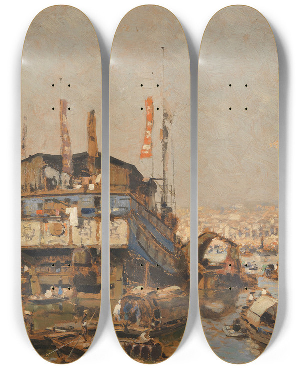 Triptych art skateboard deck of Erich Kips Singapore Harbor by Erich Kips (1869-1945)