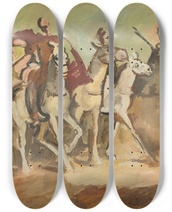 Triptych art skateboard deck of Cyprin Majernk Horse Riders by Cyprian Majernik (1909-1945)