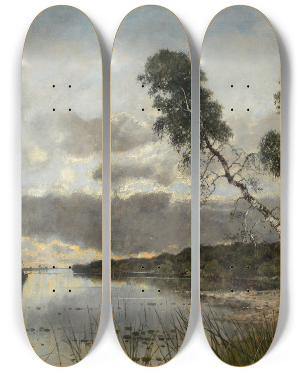 Triptych art skateboard deck of Karl Heffner Sunset by Karl Heffner (1849-1927)