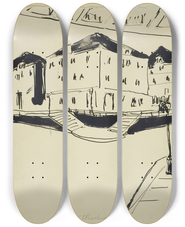 Triptych art skateboard deck of Ernst Ludwig Kirchner Huser An Einer Bahnunterfhrung In Dresden by Ernst Ludwig Kirchner (1880-1938)