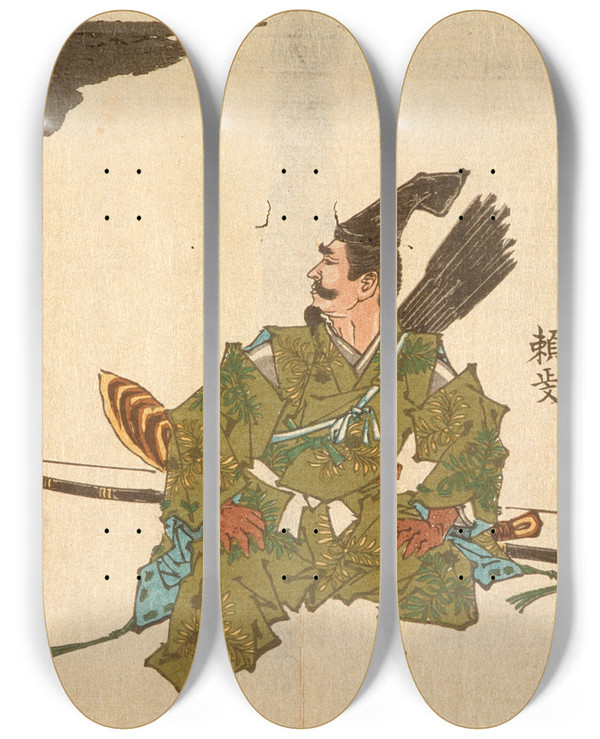 Triptych art skateboard deck of Tsukioka Yoshitoshi Yorimasa Awaiting The Nue by Tsukioka Yoshitoshi (1839-1892)