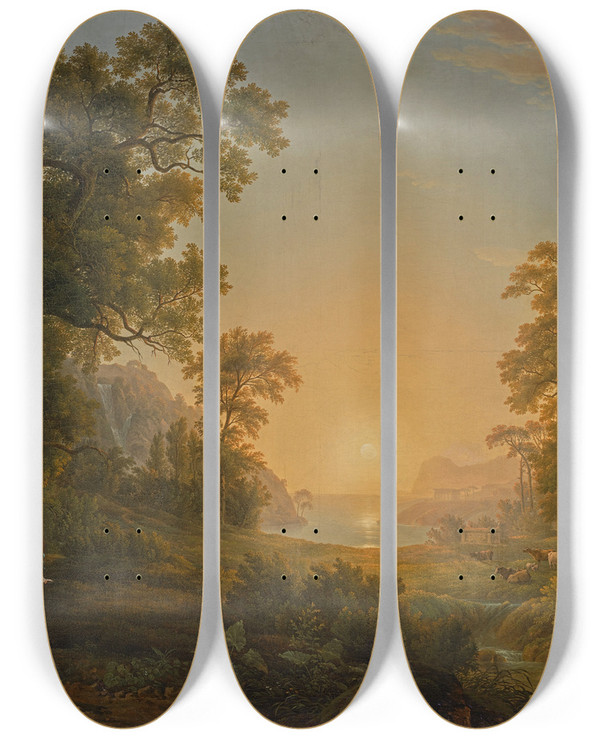 Triptych art skateboard deck of Joseph Rebell Waldlandschaft Mit Sonnenaufgang by Joseph Rebell (1787-1828)