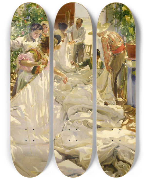 Triptych art skateboard deck of Joaqun Sorolla Sewing The Sail by Joaquin Sorolla (1863-1923)