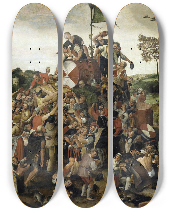 Triptych art skateboard deck of Peeter Baltens The St Martins Day Kermis by Peeter Baltens (1527-1584)