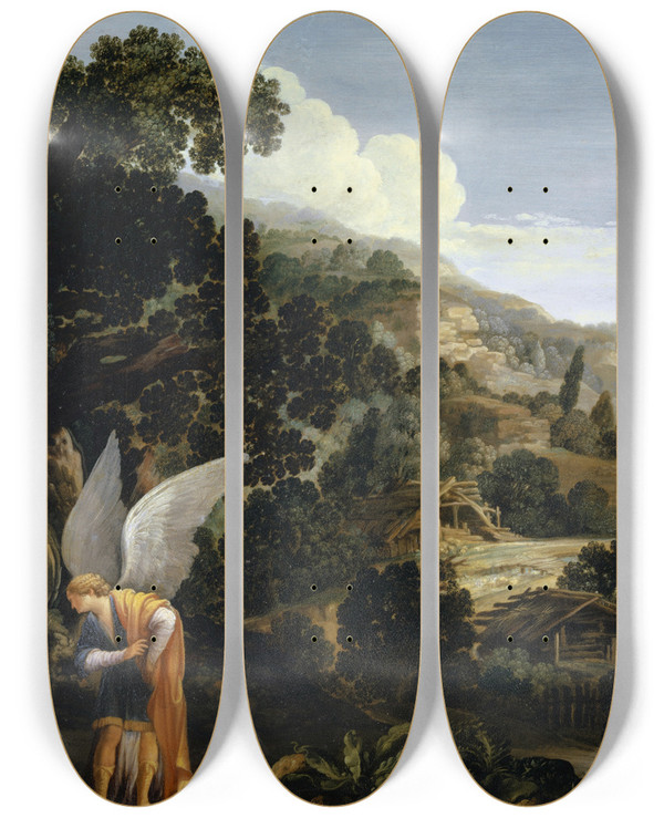 Triptych art skateboard deck of Carlo Saraceni The Annunciation To The Wife Of Manoah by Carlo Saraceni (1579-1620)