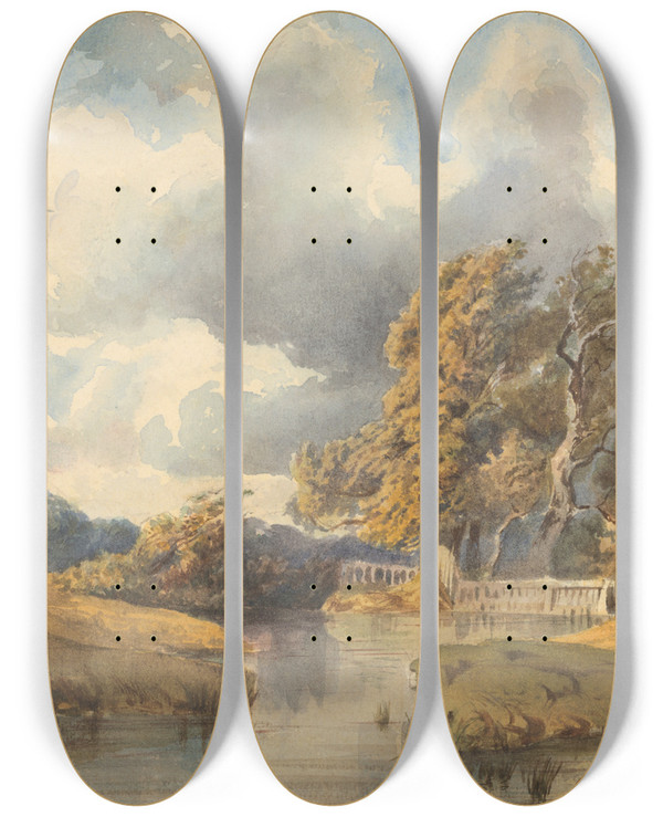 Triptych art skateboard deck of Ladislav Mednynszky Lake In A Swiss Park by Ladislav Mednyanszky (1852-1919)
