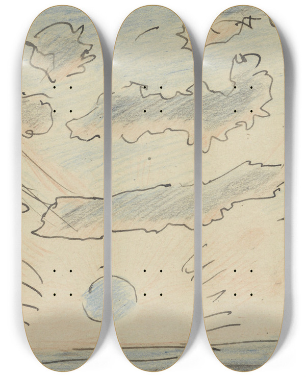 Triptych art skateboard deck of Adolf Le Comte Wolkenstudie Met Zon by Adolf Le Comte (1850-1921)