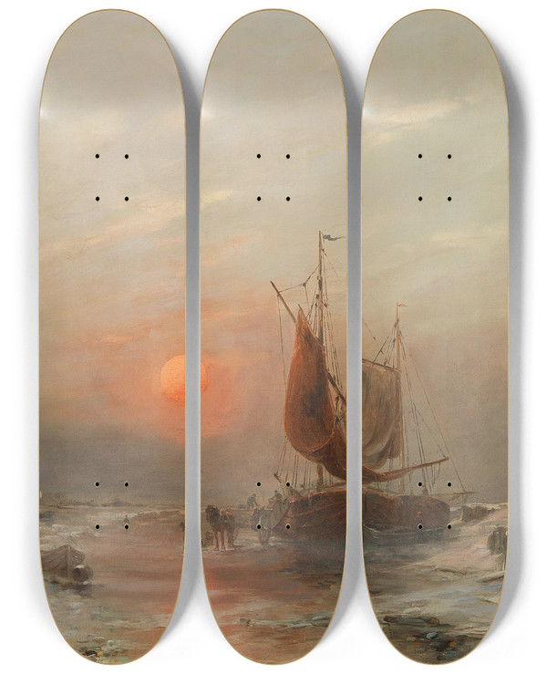 Triptych art skateboard deck of Dsir Thomassin Fishermen Returning At Sunset by Desire Thomassin (1858-1933)