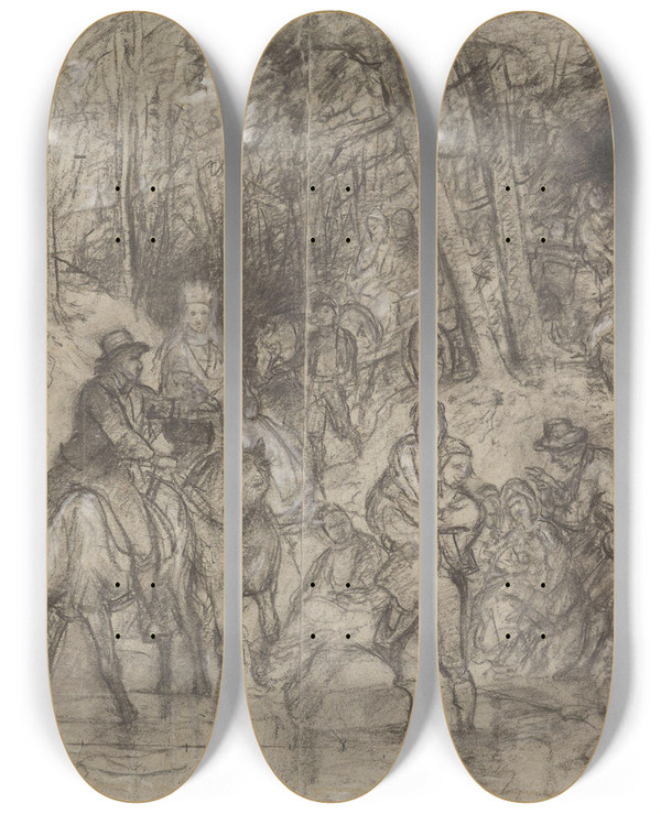 Triptych art skateboard deck of Adolph Tidemand Brudetog Gjennom Skogen by Adolph Tidemand (1814-1876)