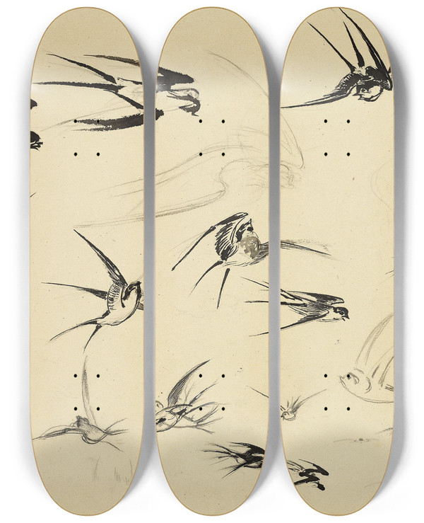 Triptych art skateboard deck of Flix Bracquemond The Swallows by Felix Bracquemond (1833-1914)