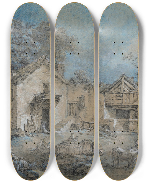 Triptych art skateboard deck of Jeanbaptiste Huet Farm Scene by Jean-Baptiste Huet (1745-1811)