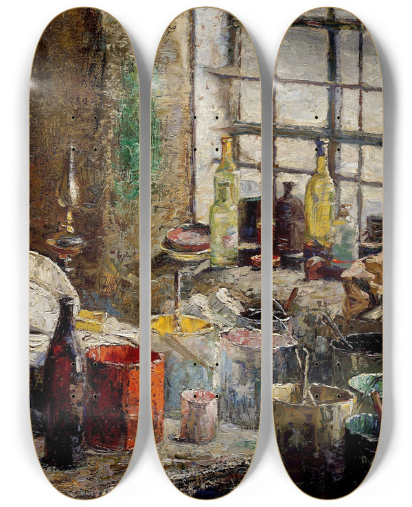 Triptych art skateboard deck of Fredrik Kolst The Painters Workshop by Fredrik Kolsto (1860-1945)