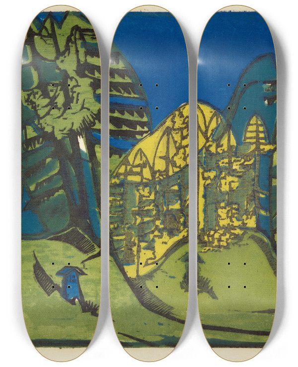Triptych art skateboard deck of Ernst Ludwig Kirchner Waldfriedhof by Ernst Ludwig Kirchner (1880-1938)